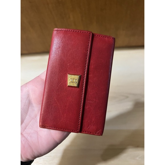 Christian Dior Leather Key Wallet Red Trifold Compact Case Gold Clips Vintage - Picture 1 of 8